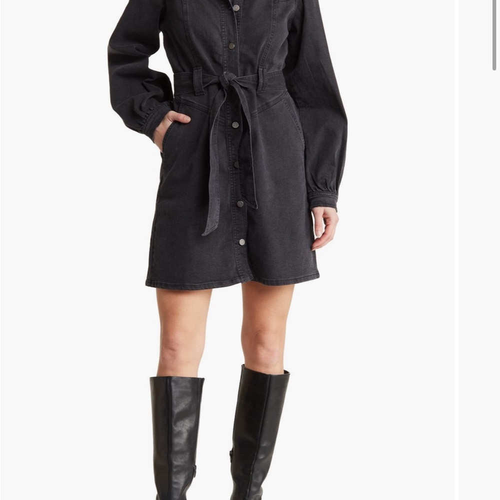 Black Denim Button-Up Belted Dress